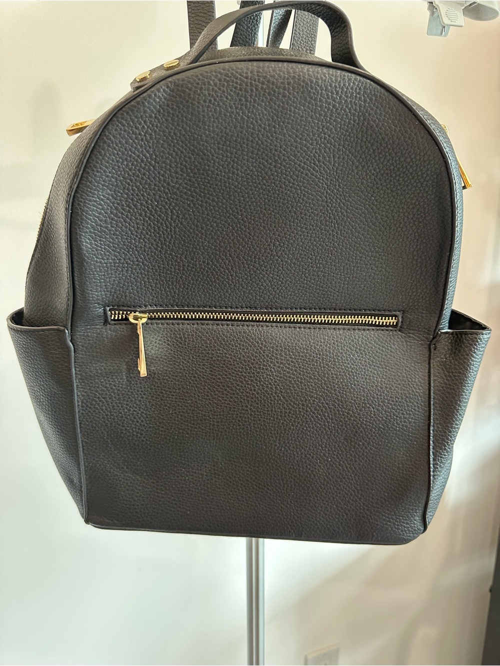 Indigo Black Pebbled Faux Leather Backpack with Gold Hardware